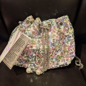 NWT Natalie Mills Rena Sequin Drawstring Bucket Bag Iridescent Rainbow